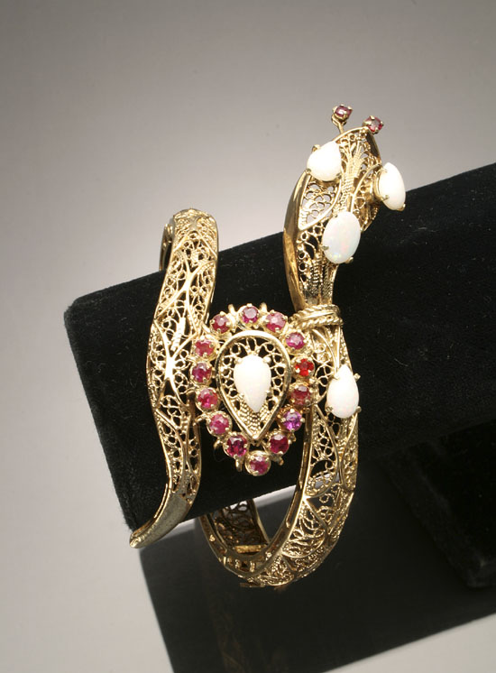 Appraisal: -Karat Filigree Yellow-Gold White Opal and Ruby Serpent Bangle Bracelet