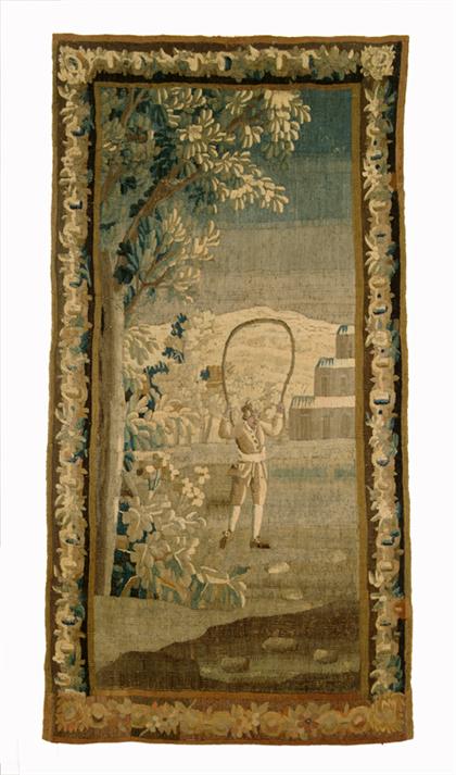 Appraisal: Two Flemish tapestry panels th century 'Gentleman with dog in