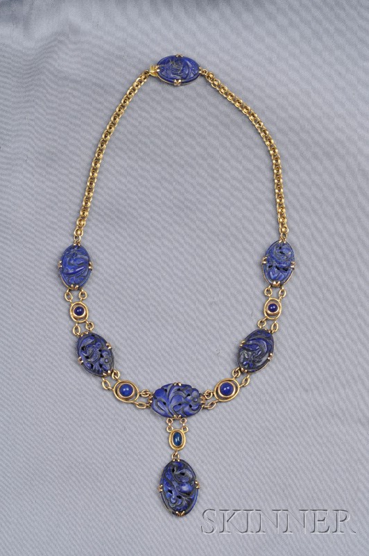 Appraisal: kt Gold and Lapis Necklace c designed as carved lapis