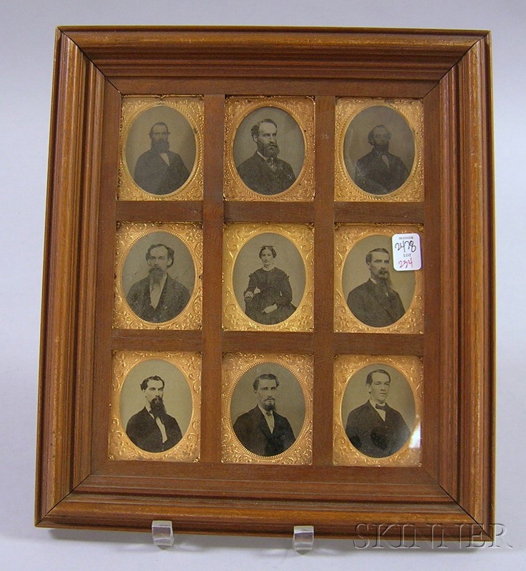 Appraisal: Framed Group of Nine Tintype Family Portraits sixth-plate with gilt