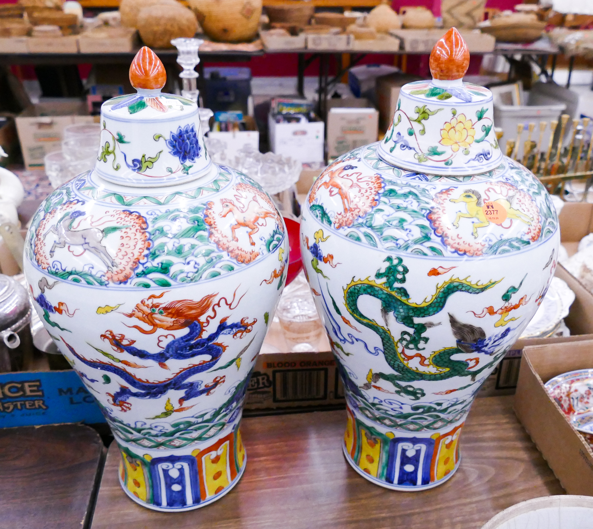 Appraisal: Pair Chinese Doucai Porcelain Lidded Dragon Jars- ''