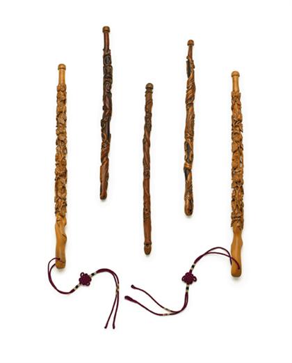 Appraisal: Five Chinese whisk handles qing dynasty Comprising of a pair