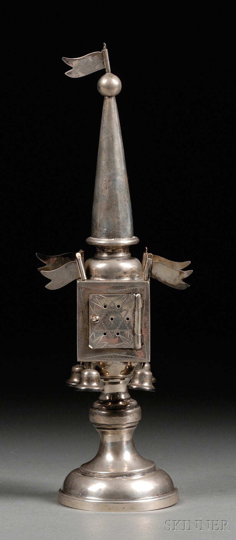 Appraisal: Continental Silver Tower-form Besamim Box Spice Container the tall turret