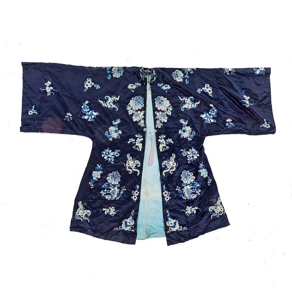 Appraisal: Chinese Silk Embroidered Robe early th century navy silk ground