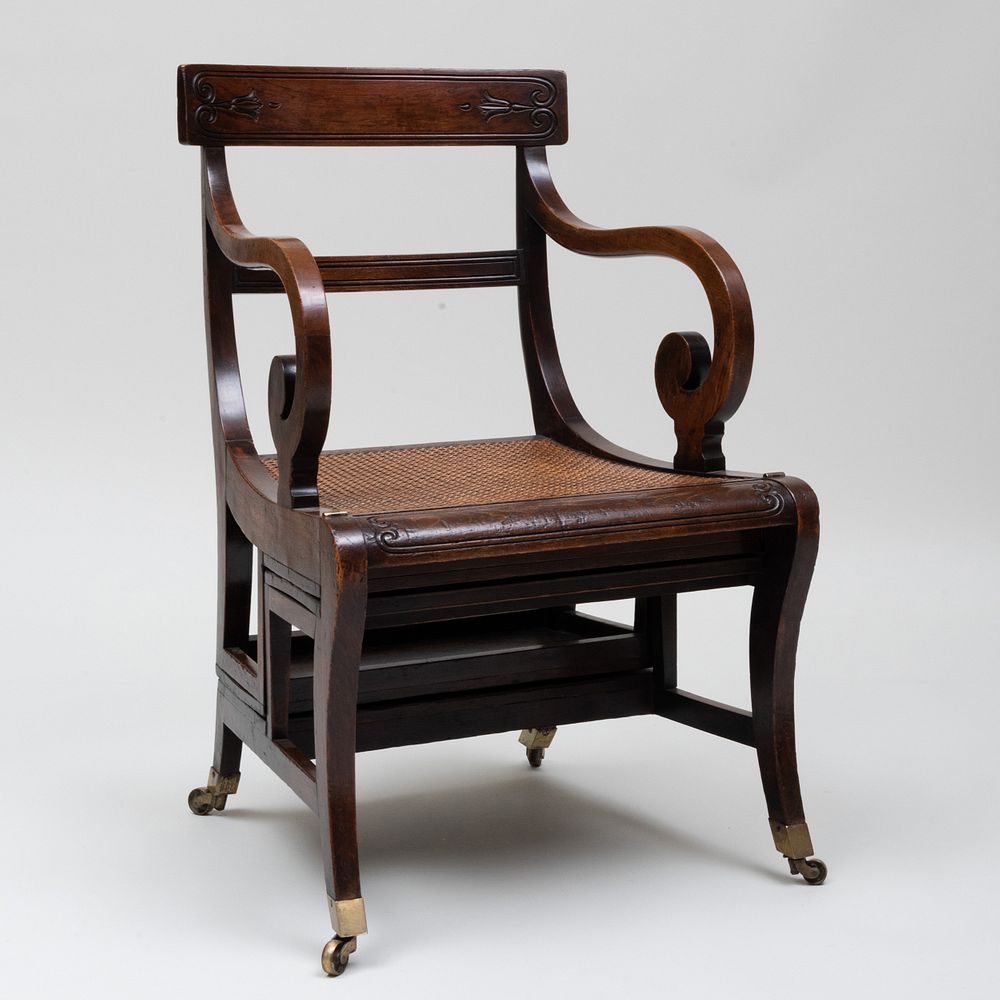 Appraisal: Regency Rosewood Grain Painted Leather and Caned Metamorphic Library Armchair