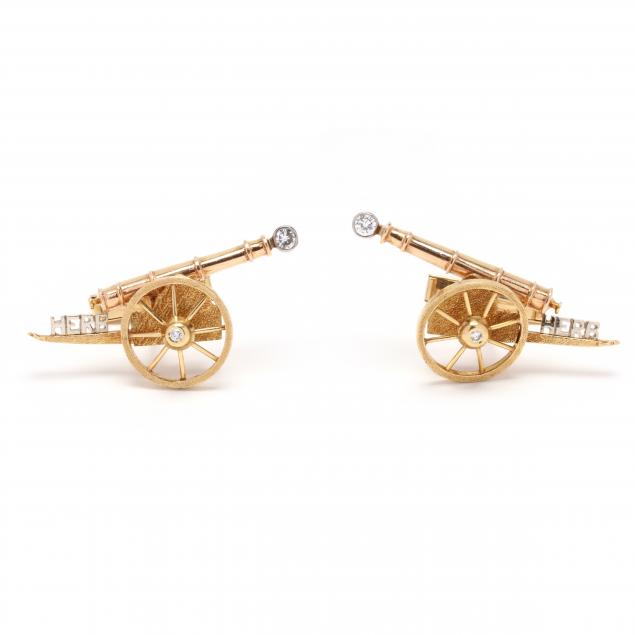 Appraisal: Bi-Color Gold and Diamond Cannon Motif Cufflinks Designed in an