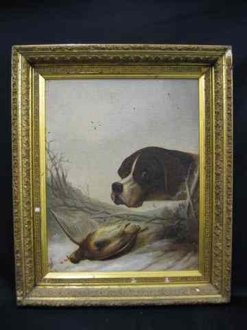 Appraisal: Victorian Oil on Canvas of Hunting Dog FallenGamebird image area