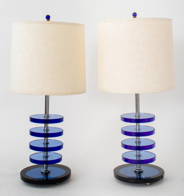 Appraisal: ART DECO STACKED BLUE GLASS DISC TABLE LAMPS PR Art