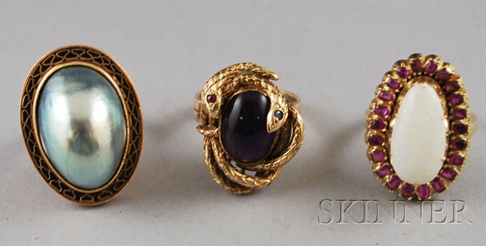 Appraisal: Three kt Gold and Gemstone Cocktail Rings sizes to