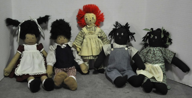 Appraisal: Bx Five Cloth DollsCommercially made black dolls Raggedy Ann and