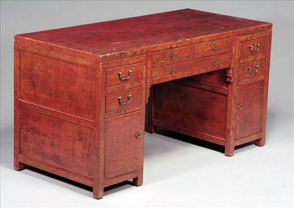 Appraisal: A Chinese red lacquered pedestal desk th century style th