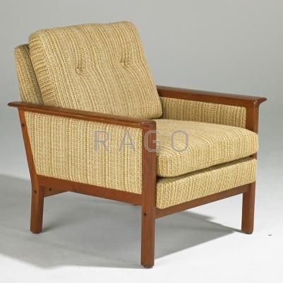 Appraisal: ILLUM WIKKELSO Lounge chair Denmark s Teak and upholstery Unmarked