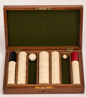 Appraisal: Cased Set of Small Ivory Poker Chips English ca Including