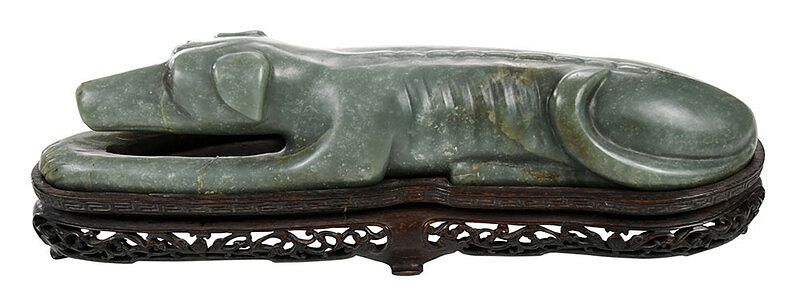 Appraisal: Chinese Carved Green Hardstone Figure of a Dog resting dog