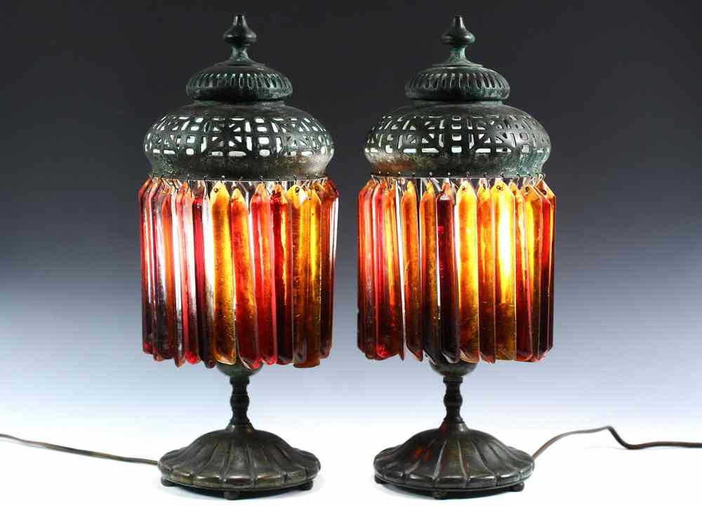 Appraisal: PAIR TIFFANY BEDSIDE LAMPS - Tiffany Bronze 'Arabian' Bedstand Lamps