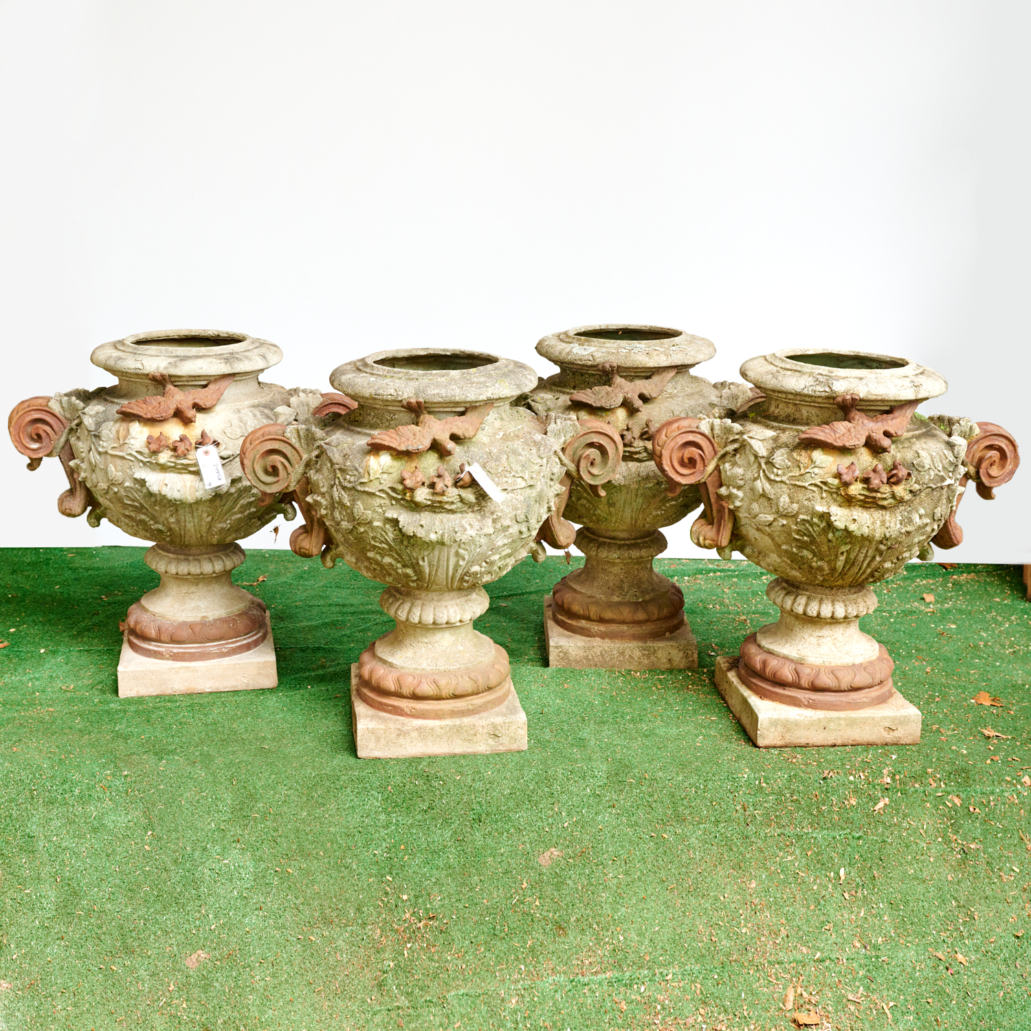 Appraisal: SET LARGE COMPOSITE GARDEN URNS th c intentionally distressed fiberglass