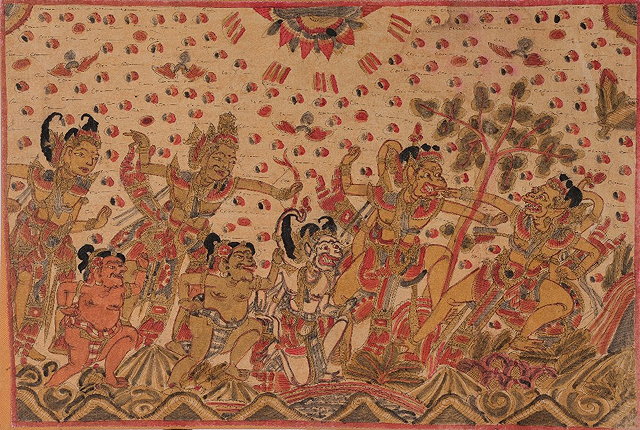 Appraisal: A JAVANESE NARRATIVE PAINTING ON MATERIAL with battle scene decoration