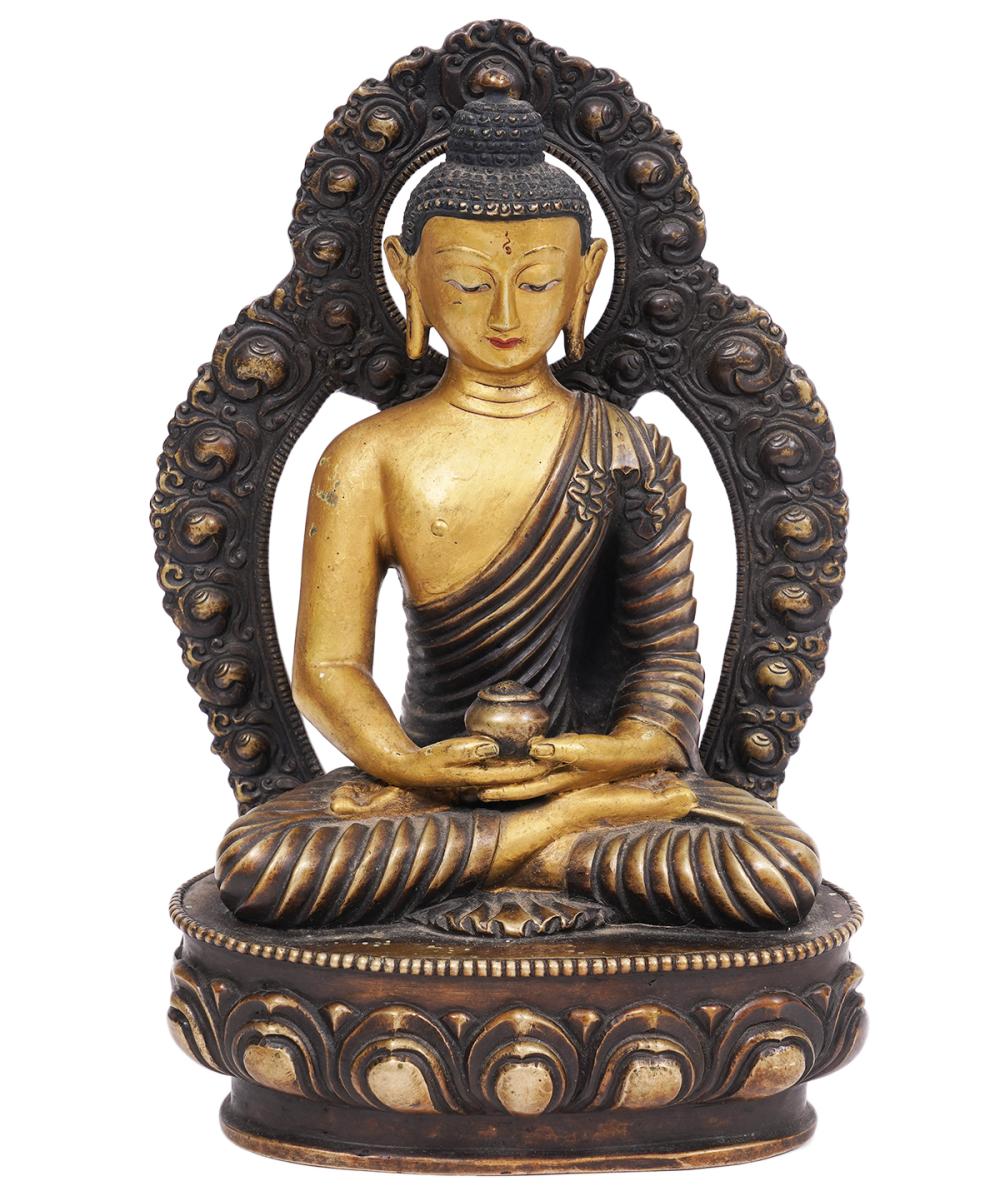 Appraisal: BRONZE MEDICINE BUDDHA WITH HALOBronze medicine Buddha seated in full