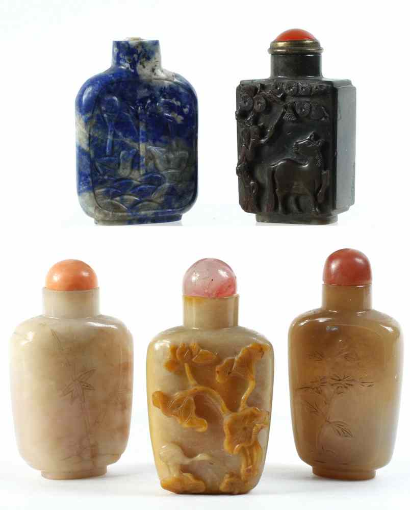 Appraisal: CHINESE SNUFF BOTTLES - Five Chinese Hardstone Snuff Bottles including