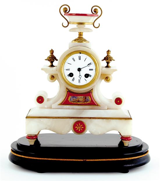 Appraisal: French marble mantel clock circa urn finial over scroll-work body