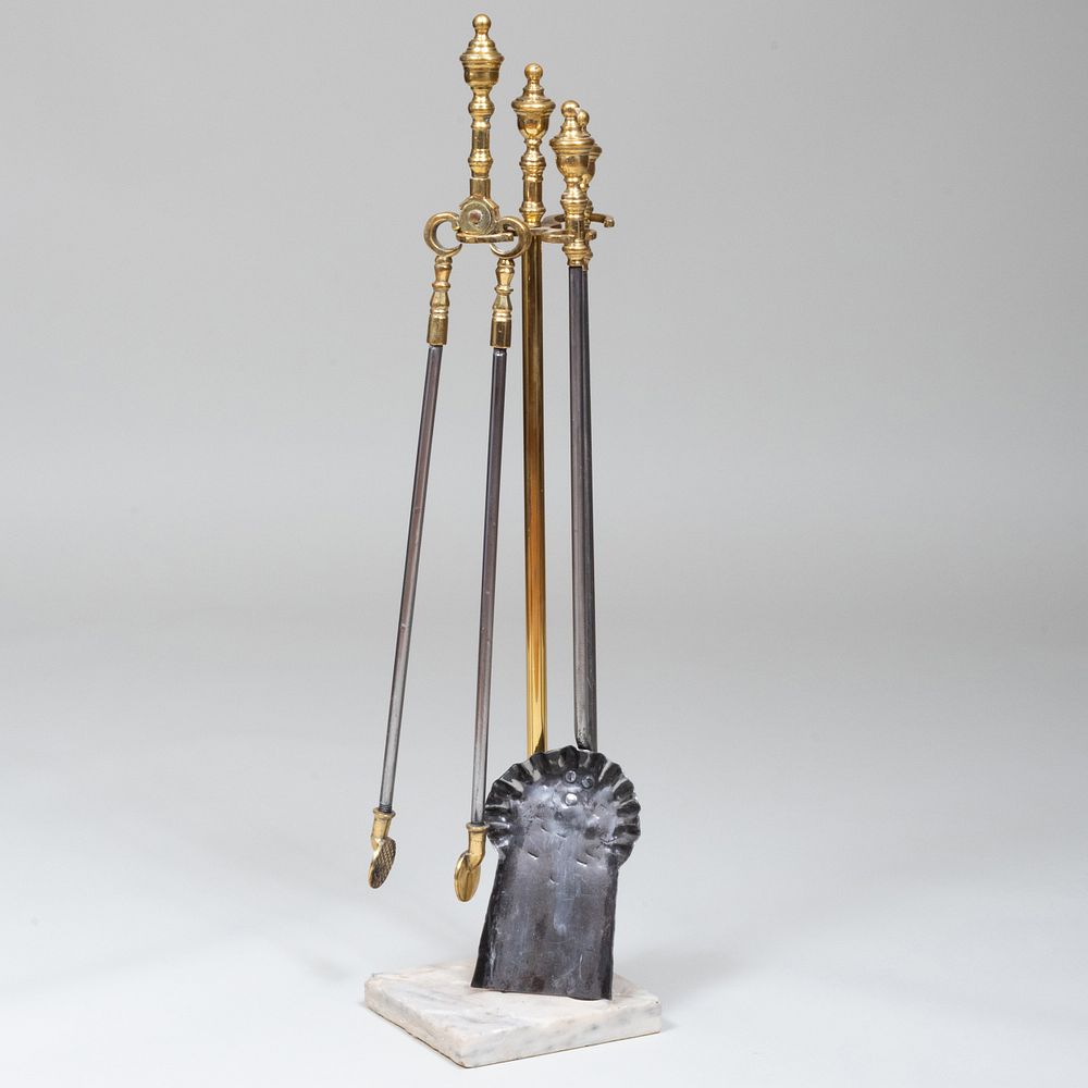 Appraisal: Set of Brass Fire Tools on Marble Base Comprising A