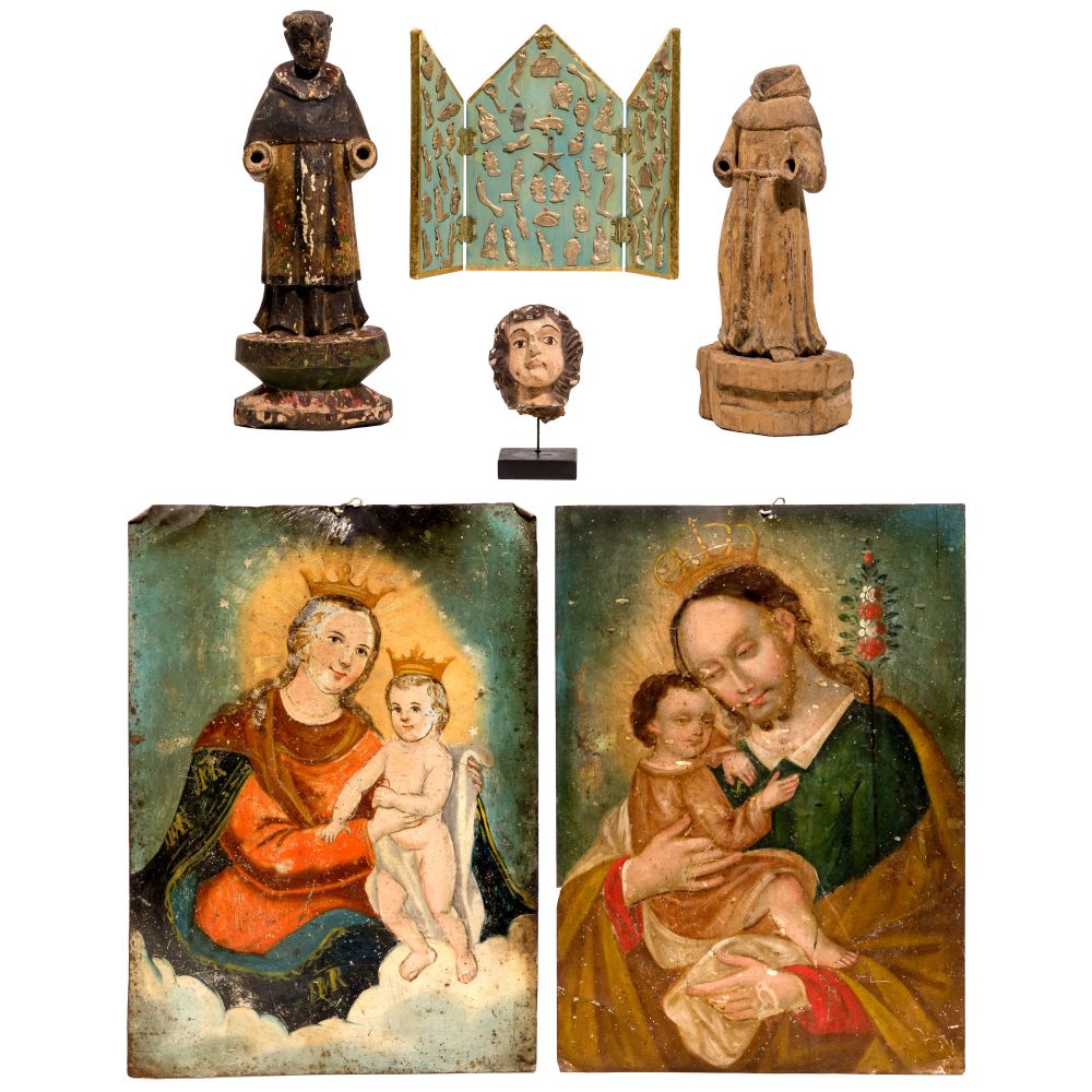 Appraisal: SPANISH COLONIAL RETABLO AND SANTO ASSORTMENT items including St Joseph