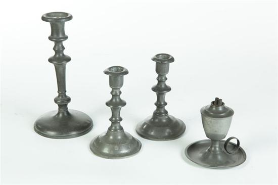 Appraisal: FOUR PIECES OF PEWTER LIGHTING American th century Pair of