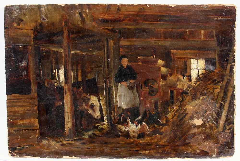 Appraisal: OOB-A WOMAN FEEDING HENS IN A BARN-unsigned American circa H