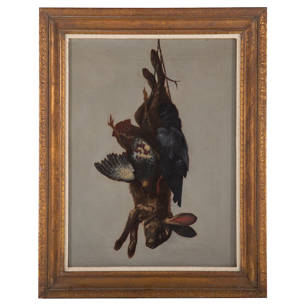 Appraisal: American School th century Hanging Game Oil on canvas initialed