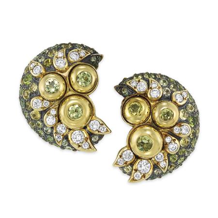 Appraisal: Pair of Multicolored Sapphire and Diamond Bombe Earclips Marilyn Cooperman