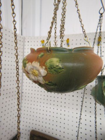 Appraisal: Roseville Pottery White Rose Hanging Planter brown green diameter deep