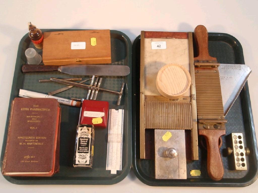 Appraisal: An assortment of pill making equipment and other pharmacy items