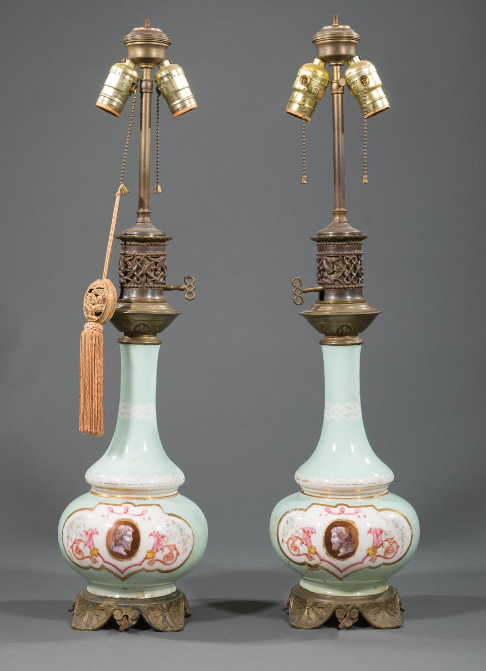 Appraisal: Pair of Antique French Porcelain Carcel Lamps robin's egg blue