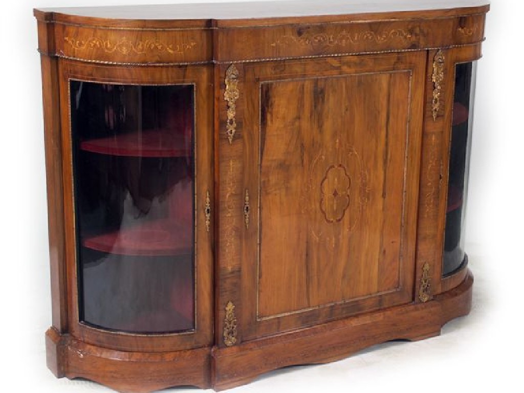 Appraisal: VICTORIAN INLAID WALNUT CREDENZA the D-shaped bow-front top above a