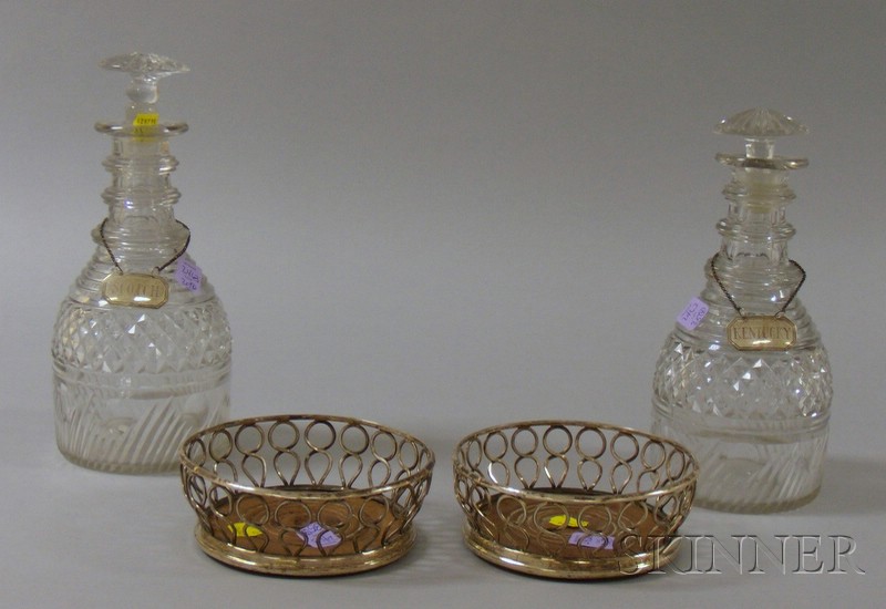 Appraisal: Four Wine Serving Items two colorless glass decanters with Gebelein