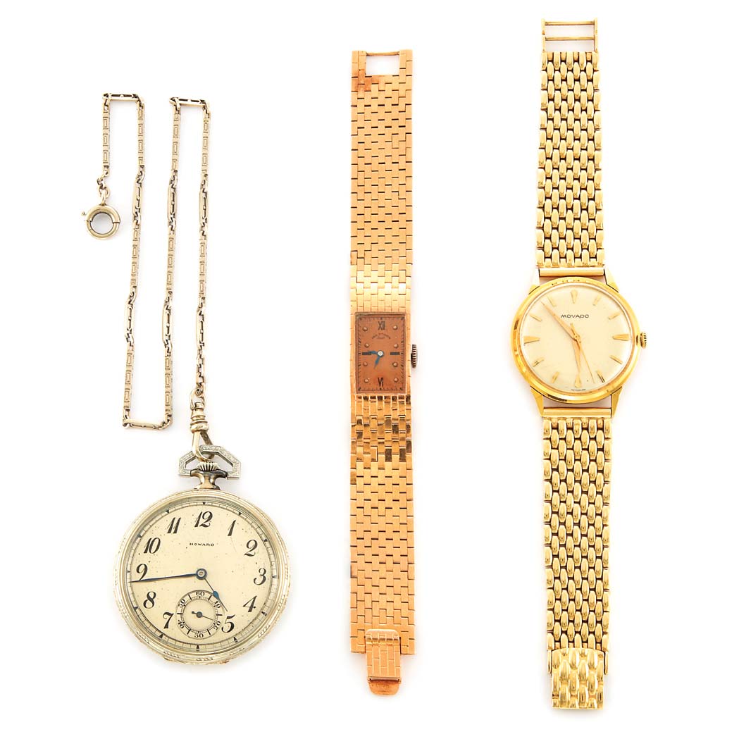 Appraisal: Two Gold Wristwatches and Gold Open Face Pocket Watch with