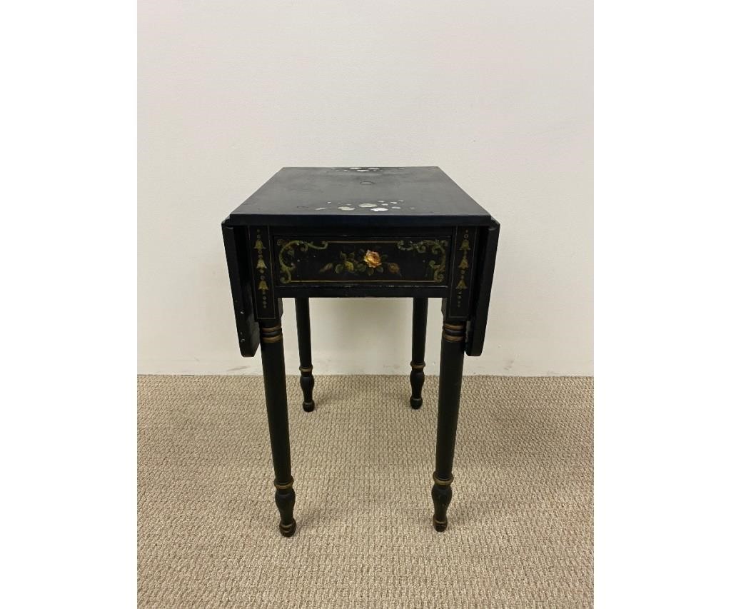 Appraisal: Sheraton black drop-leaf end table with mother-of-pearl inlay circa h