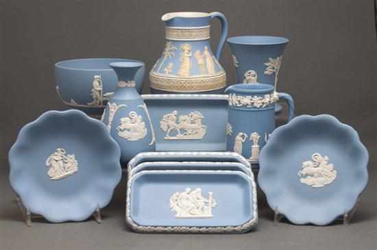 Appraisal: Two Wedgwood blue and white jasperware vases two similar cream