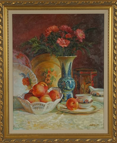 Appraisal: Peaches and Dishes oil on linen mounted to board x