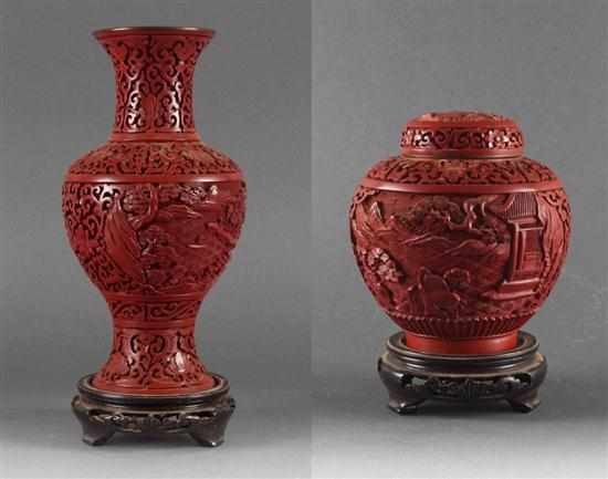 Appraisal: Chinese cinnabar lacquer baluster vase and similar ginger jar th