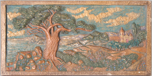 Appraisal: MURESQUE Fine tile panel with a windblown pine and a