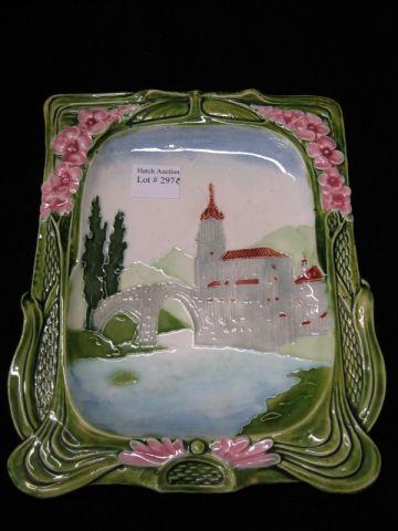 Appraisal: European Majolica Pottery Plaque castle scene x