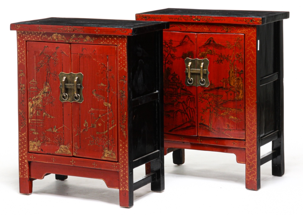 Appraisal: TWO CHINESE DECORATED END CABINETS Late th century Mortised construction