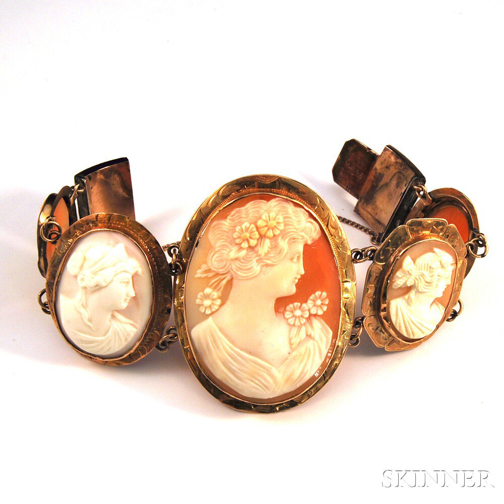 Appraisal: Assembled Gold and Shell-carved Cameo Bracelet composed of five graduated