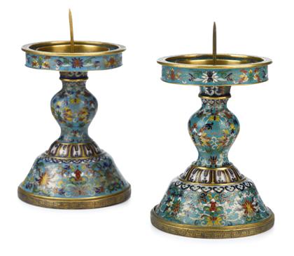 Appraisal: Pair of Chinese gilt metal and cloisonne pricketsqianlong marks th