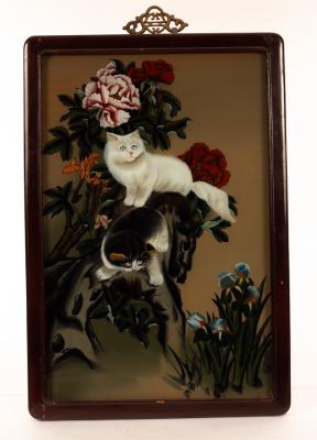 Appraisal: A Chinese reverse glass painting of two cats sitting on