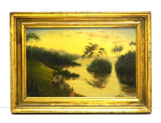 Appraisal: Oil on board naive landscape of lake with small islands