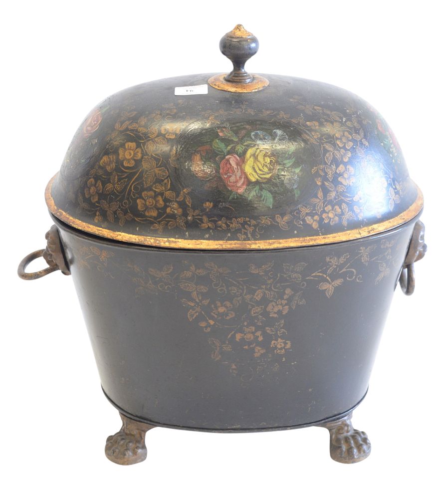 Appraisal: Victorian Tole Coal Hod painted black with flowers having dome