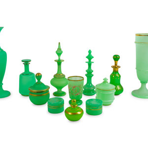 Appraisal: A Collection of Twelve Green Opaline Glass Items TH CENTURY