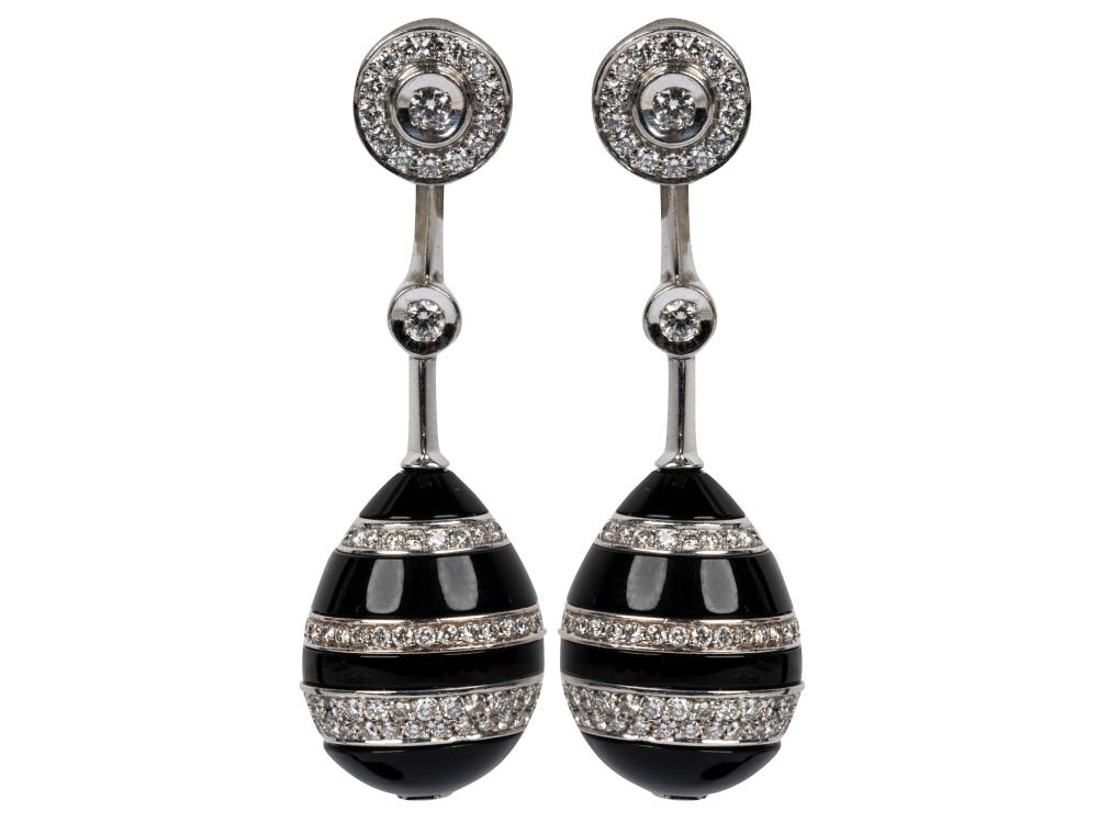 Appraisal: PAIR OF CHANEL KARAT WHITE GOLD DIAMOND ONYX DROP EARRINGScontaining